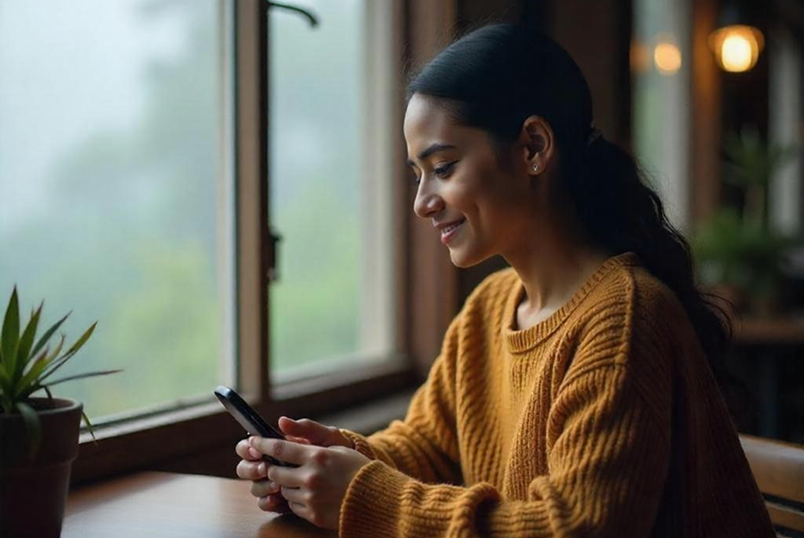 A person smiling while using a smartphone